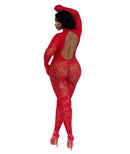 Dreamgirl Red Gloved Bodystockings Queen Size showcased on a model from the back, highlighting its seductive design.