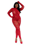 Dreamgirl Red Gloved Bodystockings Queen Size featuring a confident model in a striking red lace design.