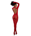Dreamgirl Red Gloved Bodystockings OS showcasing a seductive backless design and attached gloves in vibrant red.