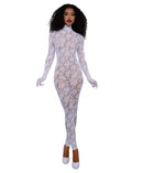 Dreamgirl White Gloved Bodystockings OS - elegant white bodystocking with gloves, sheer lace design, and body-contouring fit.