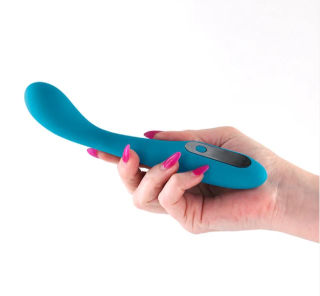 INYA Technica Rechargeable Silicone G-Spot Vibrator Blue held in a hand, showcasing its elegant design and intuitive control.