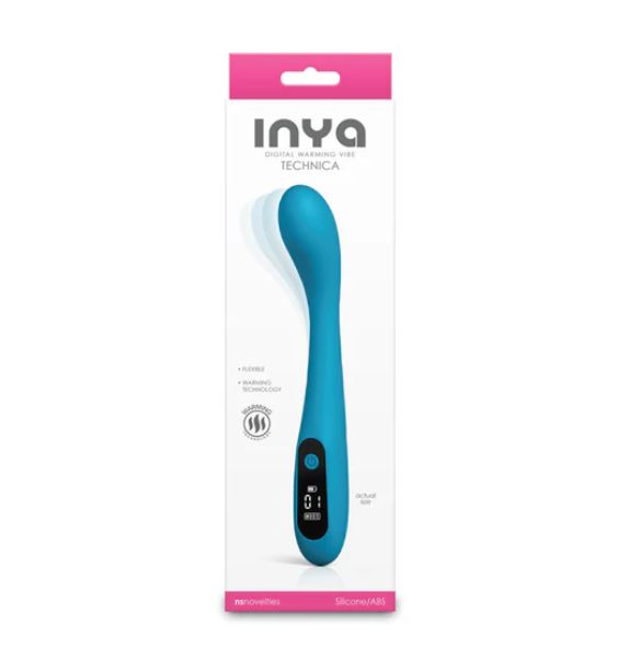 INYA Technica Rechargeable Silicone G-Spot Vibrator Blue packaging, sleek design, controls, body-safe silicone.