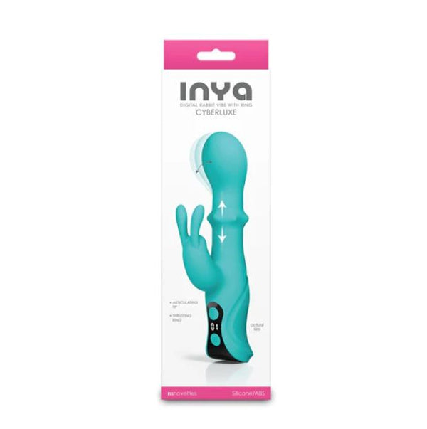 INYA Cyberluxe Rechargeable Silicone Rabbit Vibrator Aqua in aqua color packaging.