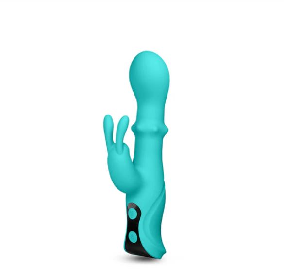 INYA Cyberluxe Rechargeable Silicone Rabbit Vibrator Aqua in aqua color showcasing elegant design and body-safe silicone.