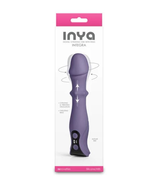 INYA Integra Rechargeable Multifunction Vibrator Purple in packaging with instructions and features highlighted.