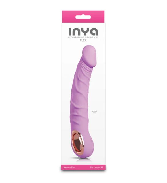 INYA Flex Rechargeable Silicone Flexible Vibrator Pink in packaging, showcasing its flexible design and soft silicone texture.