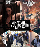 Moby Huge 3 Foot Tall Super Dildo Black promotional image depicting various events like parties and trade shows.