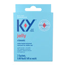 K-Y Jelly Personal Lubricant 3 Pack Sachets 0.16 Oz product packaging showcasing body-friendly formula.