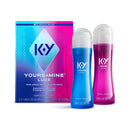 K-Y Yours & Mine Couples Lubricants packaging with two bottles, one blue labeled 'Yours' and one pink labeled 'Mine', perfect for intimate moments.