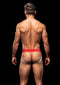 Model wearing Envy Rainbow Pride Jock Strap in red, open-back design, M/L size, showcasing comfort and bold style.