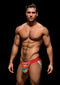 Man wearing Envy Rainbow Pride Jock Strap in red with open-back design, featuring vibrant rainbow pattern and bold waistband, size M/L.
