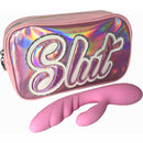 Unique Touch Slut Bag Set With Pink Rabbit Vibrator featuring a holographic bag and pink vibrator.