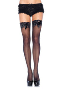 Leg Avenue Sheer Lace Top Thigh Highs With Satin Bow Black styled with ruffled shorts and high heels for a chic look.