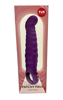 Fun Factory Patchy Paul G-Spot Vibrator Dark Violet in packaging showcasing its curved design.
