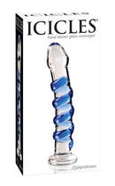 Icicles No 5 Textured Glass Dildo 7.25 inch Clear Blue in packaging with artistic design and unique features.