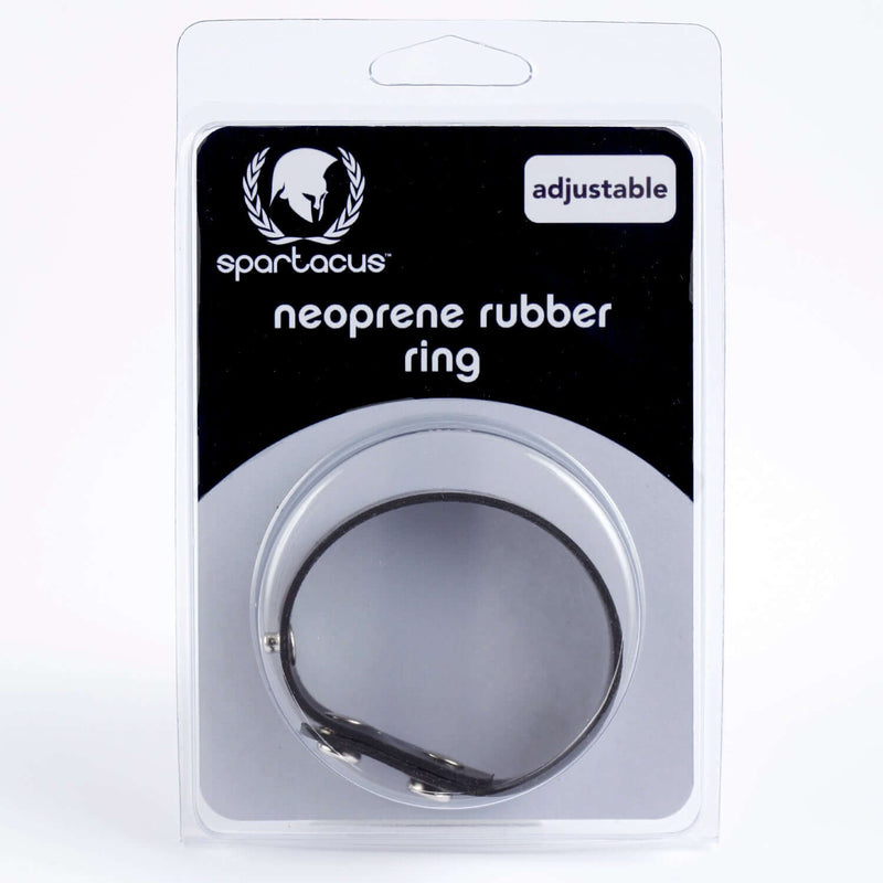Adjustable neoprene rubber cock ring in packaging, designed for enhanced pleasure and comfort.