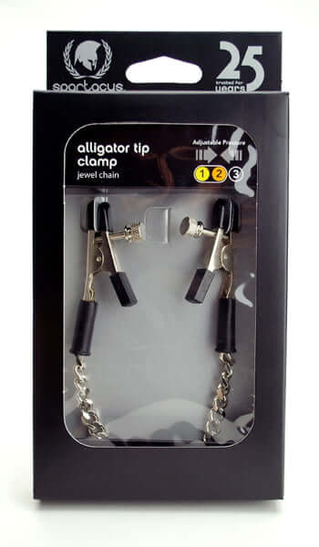 Spartacus adjustable alligator tip nipple clamps with jewel chain in packaging, featuring rubber-tipped ends for comfort.