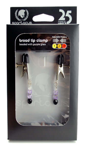 Spartacus adjustable nipple clamps with purple beads in alligator style packaging