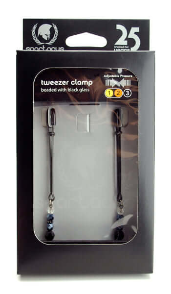 Spartacus Black Tweezer Nipple Clamps with Beads in packaging, adjustable and suitable for beginners seeking gentle sensation