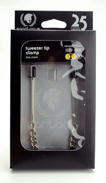 Spartacus adjustable tweezer nipple clamps with link chain in packaging for beginners, silver with rubber tips.