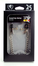 Spartacus Adjustable Broad Tip Nipple Clamps with Link Chain packaged in a sleek design, featuring adjustable pressure settings.