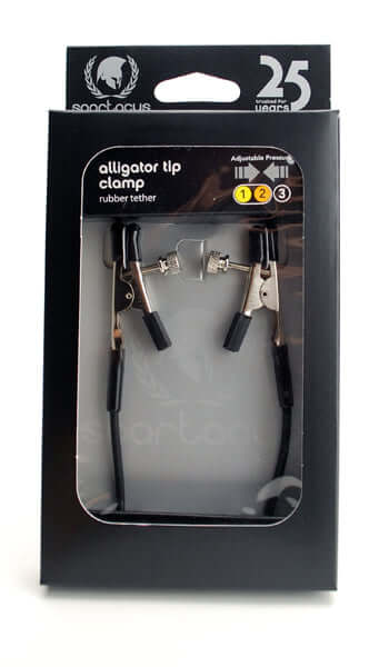 Spartacus Blackline adjustable nipple clamps in packaging, featuring strong rubber-tipped alligator clamps for comfort.