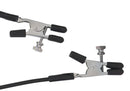 Close-up of Spartacus Blackline adjustable nipple clamps with rubber tips and connecting cord for comfort and play.