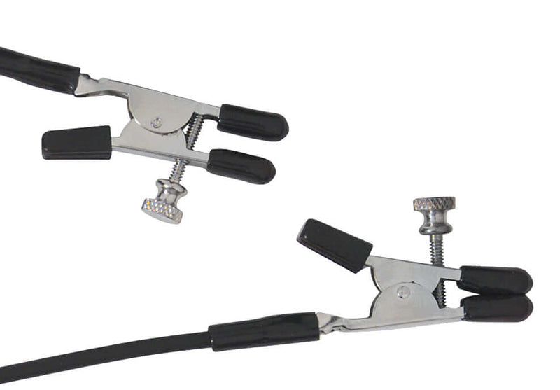 Close-up of Spartacus Blackline adjustable nipple clamps with rubber tips and connecting cord for comfort and play.