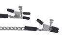 Adjustable alligator nipple clamps with jewel chain in black and silver featuring rubber tips and thumbscrews for custom intensity.