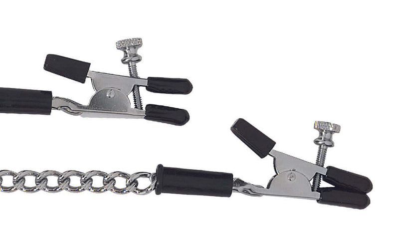 Adjustable alligator nipple clamps with jewel chain in black and silver featuring rubber tips and thumbscrews for custom intensity.
