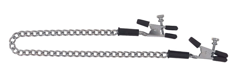 Spartacus adjustable alligator nipple clamps with black rubber tips and jewel-link chain in silver.
