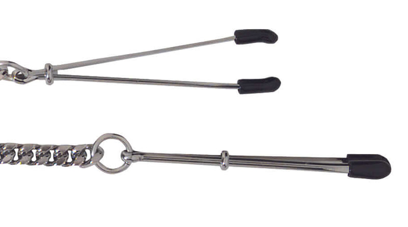 Spartacus adjustable tweezer clamps with jewel chain, designed for versatile sensory play and nipple stimulation.