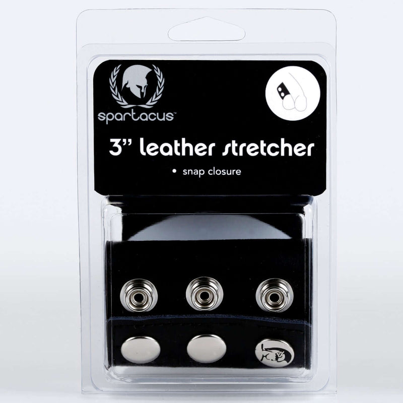 Spartacus Leathers 3-inch Leather Snap Ball Stretcher in packaging displaying snap closures
