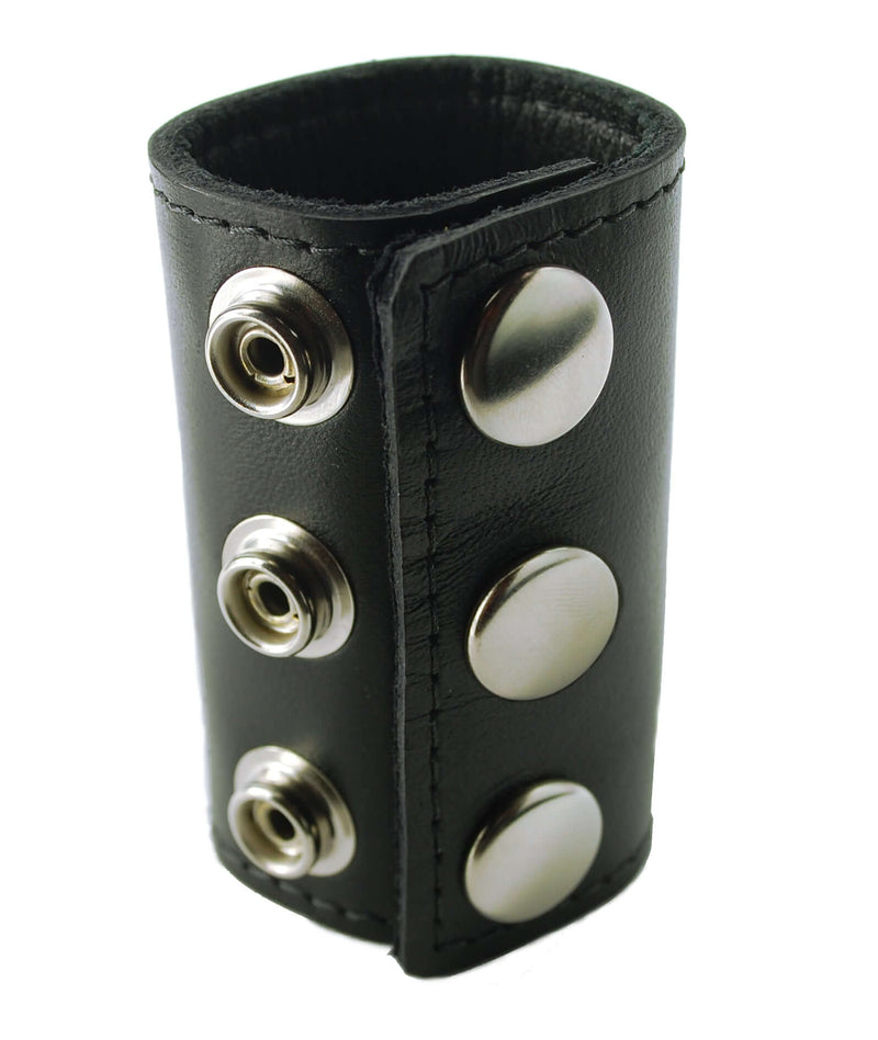 Spartacus Leathers 3-inch leather ball stretcher with snap closures, made from durable oil-tan leather and lined with soft cow garment leather.