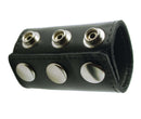 Black leather ball stretcher with snap closures for secure fit and comfort.
