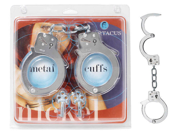 Spartacus nickel handcuffs packaging with keys, silver bondage gear for intimate play and fantasy exploration