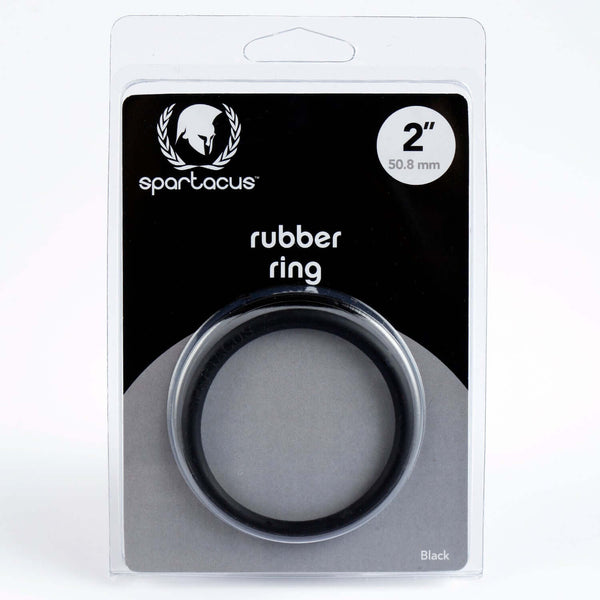 Spartacus 2-Inch Firm Rubber Cock Ring in Black packaging, enhancing pleasure and stamina.
