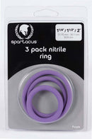 Spartacus Nitrile Cock Ring Set Purple in packaging, featuring three purple rings of varying sizes.