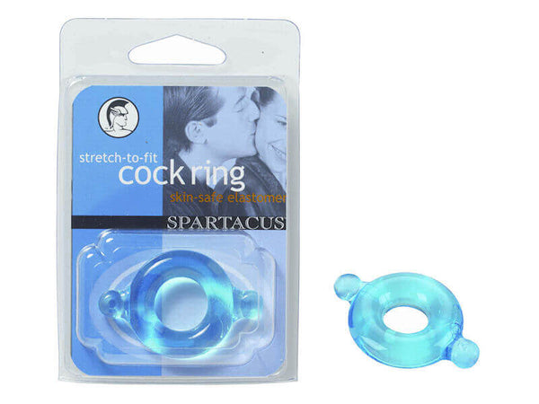 Spartacus Elastomer Cock Ring Blue in packaging and displayed, stretchy and latex-free for enhanced pleasure and comfort.