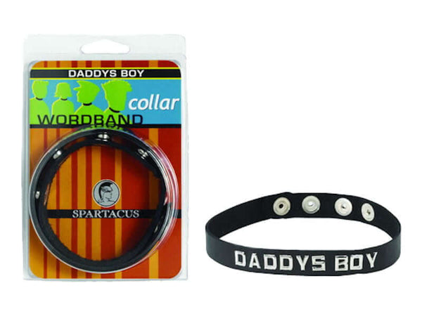 Spartacus Leathers Daddy's Boy Collar with adjustable snaps, featuring premium oil-tanned leather and bold silver-tone lettering.