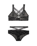 Karma's a Bitch Bralette and Cutout Panty Set Black M L featuring metallic mesh bralette and matching cutout panty.