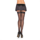 Leg Avenue Sheer Stockings With Backseam Queen Size Black worn with a skirt, showcasing elegant back seams and lace detail.