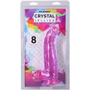 Crystal Jellies Realistic Cock With Balls 8 Inch Purple in packaging showcasing the lifelike shape and curved design.