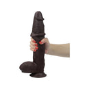 Get Lucky Real Skin 11 Inch Dual Layer Dildo Dark Brown being held, showcasing its lifelike texture and dual layer design.