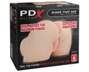 PDX Elite Shake That Ass Vibrating Mega Masturbator packaging featuring dual motors and explosive vibrations illustration.