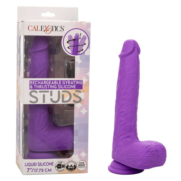Rechargeable Gyrating & Thrusting Silicone Studs by CalExotics in packaging and as a product view