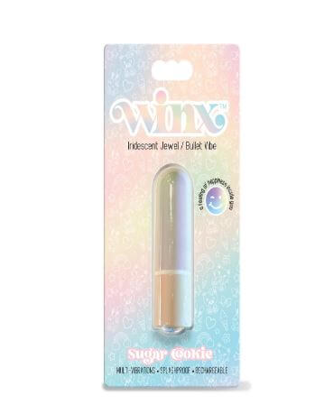 Winx Sugar Cookie Mini Bullet Vibrator with Gemstone in iridescent packaging, ideal for discreet pleasure.