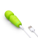 Le Wand Essentials Mini Wand Vibe Pocket-sized Vibrator in vibrant green color with USB charging cable.
