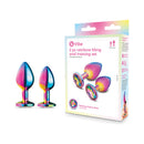 B-vibe Essentials 2-piece Rainbow Bling Anal Training Set with rainbow metal anal plugs and packaging.