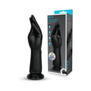 B-vibe Essentials Silicone Hand Fisting Dildo Black displayed next to its packaging, highlighting its unique hand design.